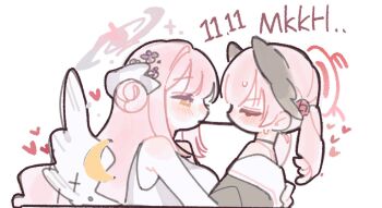 2girls angel_wings black_wings blue_archive blush breasts closed_eyes commentary crescent_moon face-to-face feathered_wings food food_in_mouth gradient_halo hair_bun halo head_wings heart koharu_(blue_archive) large_breasts long_hair long_sidelocks looking_at_another low_wings mika_(blue_archive) moon multicolored_halo multiple_girls nagakiras2 pink_hair pink_halo pocky pocky_day pocky_in_mouth pocky_kiss red_halo school_uniform shared_food sidelocks simple_background single_side_bun twintails white_wings wing_ornament winged_halo wings yellow_eyes yuri