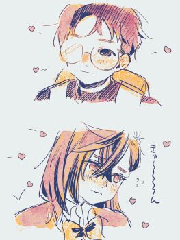 Rule 34 | 1boy, 1girl, ayase momo, backpack, bag, blush, bow, bowtie, collared shirt, commentary request, crossed bangs, dandadan, furrowed brow, glasses, hair between eyes, hetero, light smile, looking at another, medium hair, mrmgn le, round eyewear, school uniform, shirt, short hair, sketch, takakura ken (dandadan), upper body