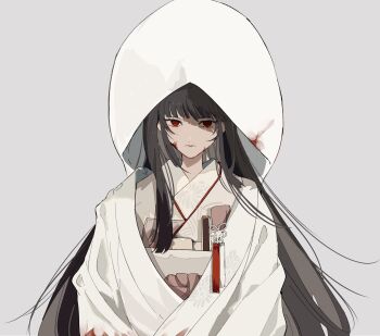 Rule 34 | 1girl, black hair, blood, blood on clothes, blood on face, bridal veil, grey background, hashtag-only commentary, highres, hood, japanese clothes, kimono, limbus company, long hair, looking at viewer, project moon, red eyes, ryoshu (project moon), shiromuku, simple background, solo, tassel, tetetebi, uchikake, veil, wataboushi, white kimono