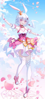 1girl :d absurdres animal_ears armpits blue_sky cloud cloudy_sky commentary crown dress fox_ears full_body gloves highres honkai_(series) honkai_impact_3rd open_mouth petals pink_dress pink_eyes ponytail side_ponytail sky smile solo theresa_apocalypse theresa_apocalypse_(magic_girl_teriri) theresa_apocalypse_(sakuno_rondo) thighhighs white_gloves white_hair white_paper_is_not_paper white_thighhighs