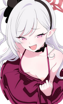 1girl absurdres audirenze black_hairband blue_archive breasts clothes_pull dress dress_pull fang hairband halo highres loli long_hair looking_at_viewer mutsuki_(blue_archive) mutsuki_(dress)_(blue_archive) nipples one_breast_out open_mouth pointy_ears pulling_own_clothes purple_eyes red_dress red_halo simple_background small_breasts smile solo white_background white_hair