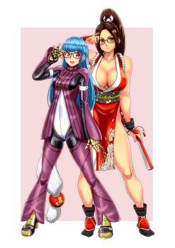 2girls absurdres blue_hair breasts brown_eyes brown_hair cleavage dead_or_alive dead_or_alive_6 fatal_fury female_focus folding_fan full_body glasses gloves hand_fan high_ponytail highres holding holding_fan kula_diamond large_breasts long_hair matching_hair/eyes multiple_girls ninja open_mouth parted_bangs pelvic_curtain ponytail red_eyes revealing_clothes shiranui_mai simple_background smile standing the_king_of_fighters thighs