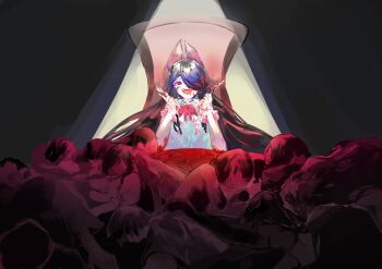 1girl absurdres black_hair blood blood_on_arm blood_on_face blood_on_hands chair corpse cutlery detached_collar dress fork hair_over_one_eye hair_ribbon hashtag-only_commentary highres holding holding_fork holding_knife ishura kitchen_knife knife long_hair neck_ribbon open_mouth pile_of_corpses red_eyes red_ribbon ribbon roto_the_cross sitting smile solo_focus spotlight wawawa_chi white_dress wrist_cuffs