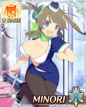 Rule 34 | 1girl, :o, airport, bandana, bandana around neck, black pantyhose, blue eyes, bra, breasts, brown hair, card (medium), character name, cleavage, coat, fang, game cg, green bandana, green hair ornament, hairband, high heels, large breasts, long hair, looking at viewer, midriff peek, minori (senran kagura), official art, open clothes, open coat, open mouth, pantyhose, pencil skirt, ring hair ornament, rolling suitcase, running, senran kagura, senran kagura new wave, skirt, smile, solo, suitcase, third-party source, twintails, underwear, white bra, white hairband, yellow pupils
