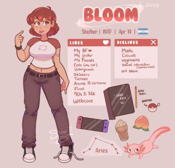 1girl 2023 artist_self-insert axolotl berry_(pokemon) black_pants bracelet breasts brown_eyes colored_skin commentary_request english_text highres honduras ice_cream_cone ipad jewelry large_breasts multicolored_skin navel_piercing nintendo nintendo_switch original pants pecha_berry piercing pointing pointing_at_self poke_ball pokemon red_hair signature solo spanish_commentary stomach_tattoo strange_bloom tablet_pc tattoo tongue tongue_out two-tone_skin untied_shoelaces watermark