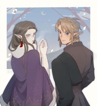 Rule 34 | 1boy, 1girl, blonde hair, blue eyes, blush, border, brown coat, brown hair, cloak, closed mouth, coat, commentary, crescent moon, earrings, fur-trimmed robe, fur trim, gloves, helikasei, jewelry, light smile, link, long hair, looking at viewer, moon, nintendo, outdoors, own hands together, parted bangs, parted lips, pointy ears, princess zelda, purple cloak, robe, short hair, symbol-only commentary, the legend of zelda, the legend of zelda: twilight princess, upper body, white border, white gloves, winter