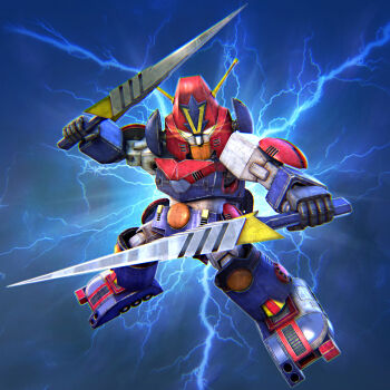 3d chibi choudenji_robo_combattler_v combattler_v_(robot) dual_wielding electricity glowing glowing_eyes highres holding holding_sword holding_weapon kimkim looking_at_viewer mecha no_humans robot science_fiction solo super_robot sword weapon yellow_eyes