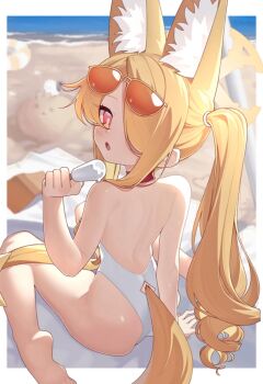 1girl animal_ear_fluff animal_ears ass back beach beach_towel bird blonde_hair blue_archive blush book clothing_cutout eskimofox food fox_ears fox_girl fox_tail from_behind hair_over_one_eye hair_tie halo holding_food holding_popsicle long_hair looking_back one-piece_swimsuit one_eye_covered open_mouth orange-tinted_eyewear outdoors pink_eyes popsicle seia_(blue_archive) seia_(swimsuit)_(blue_archive) side_ponytail sidelocks sitting solo sunglasses sunglasses_on_head swimsuit tail tail_through_clothes tinted_eyewear towel wariza white_one-piece_swimsuit