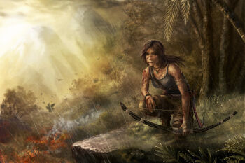 1girl blood bow_(weapon) brown_eyes brown_hair cloud earth_(planet) female_focus fire highres lara_croft long_hair mountain open_mouth planet rain solo tank_top tomb_raider tomb_raider_(reboot) tree weapon