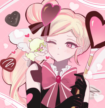2girls ;( aegyo_sal bad_id bad_pixiv_id bare_shoulders black_gloves black_shirt blonde_hair blue_lily_cookie blue_lily_cookie_(sweet_heartmender) blush bow bowtie braid brooch brown_bow candy chocolate chocolate_heart closed_eyes commentary cookie_run cookie_run:_ovenbreak elbow_gloves facing_another food frilled_shirt frills gloves hair_bow hair_ornament hamchan69 hands_up heart heart-shaped_food heart_hair_ornament high_side_ponytail highres holding holding_staff humanization jewelry lilybell_cookie long_hair looking_at_another mini_person minigirl multicolored_hair multiple_girls official_alternate_costume official_alternate_eye_color official_alternate_hairstyle outline pink_background pink_bow pink_bowtie pink_eyes pink_hair shirt short_hair side_ponytail simple_background single_braid sleeveless sleeveless_shirt staff streaked_hair two-tone_hair u_u upper_body v-shaped_eyebrows white_outline white_wings wings