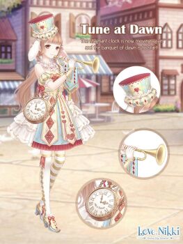 1girl animal_ears artist_request bag bare_shoulders blue_boots blue_hat blunt_bangs boots brown_eyes brown_hair building buttons chair character_name close-up closed_mouth club_(shape) copyright_logo day detached_sleeves diamond_print dot_nose dress english_text eyelashes fake_animal_ears footwear_ribbon frilled_footwear frilled_headwear frilled_skirt frilled_sleeves frills full_body gloves happy hat heart heart_print high_heel_boots high_heels holding holding_instrument holding_trumpet instrument light_blush logo lolita_fashion long_hair looking_at_viewer lop_rabbit_ears low_twintails miniskirt miracle_nikki mismatched_thighhighs multicolored_boots music neck_ruff nikki_(series) official_art outdoors playing_instrument pocket_watch pointy_boots print_dress print_headwear print_thighhighs puffy_short_sleeves puffy_sleeves rabbit_ears red_ribbon ribbon shako_cap short_dress short_sleeves shoulder_bag skirt skirt_under_dress sleeveless sleeveless_dress smile solo spade_(shape) standing striped_clothes striped_headwear striped_thighhighs table tareme thighhighs third-party_source tile_floor tiles town tree trumpet tune_at_dawn_(miracle_nikki) twintails two-tone_boots two-tone_headwear two-tone_thighhighs vertical-striped_clothes vertical-striped_headwear vertical-striped_sleeves very_long_hair watch wavy_hair white_gloves white_skirt white_thighhighs wrist_cuffs yellow_boots yellow_dress yellow_hat yellow_sleeves yellow_thighhighs yellow_wrist_cuffs zettai_ryouiki