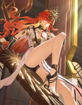 1girl absurdres ancient_greek_clothes arm_armor armor augusta_(wuthering_waves) bare_legs black_shorts boost404 breastplate breasts cleavage closed_mouth colored_inner_hair commentary dress earrings foot_on_weapon foot_out_of_frame greatsword greco-roman_clothes hair_between_eyes hand_on_own_knee headgear high_heels highres holding holding_sword holding_weapon jewelry legs long_hair looking_at_viewer medium_breasts multicolored_hair orange_hair red_eyes shorts solo sun_earrings sun_necklace sword thighs toes weapon white_dress wuthering_waves