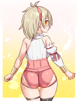 1girl ahoge ass ass_focus bare_shoulders blonde_hair blush breasts cougar_(cougar1404) detached_sleeves from_behind hairband large_breasts leotard looking_at_viewer looking_back medium_hair orange_eyes single_sleeve single_thighhigh smile solo thigh_strap thighhighs