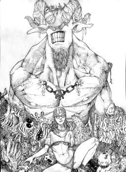 1girl absurdres bandages breasts chain creatures creepy cross crucifix demons facial_hair fetus glasses glasses_on_head goat_eyes goatee highres hood hoodie horns monster muscular_arms panties pig_tail pointy_ears shoes smirk tail tentacles underboob underwear veins wings zi.k.o