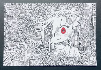 Rule 34 | 1boy, basil (headspace) (omori), basil (omori), closed mouth, collarbone, double-parted bangs, flower, flower wreath, greyscale, hair between eyes, head wreath, highres, monochrome, omori, overalls, red eyes, shirt, sidelocks, smile, solo, something (omori), spot color, traditional media, uminosoko44, upper body