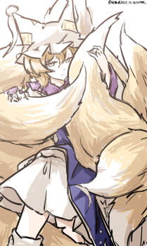 1girl absurdres animal_hat artist_name blonde_hair blue_tabard closed_mouth commentary_request dated fox_tail hat highres kitsune long_sleeves looking_at_viewer mob_cap multiple_tails one-hour_drawing_challenge solo tabard tail touhou ve1024 yakumo_ran yellow_eyes