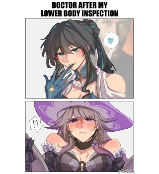 !? 2girls after_fingering bare_shoulders black_hair blue_gloves blue_streaks blush cesar_zebrah commentary dress english_commentary english_text glove_in_mouth gloves green_eyes gregory_house grey_hair hat heart herta_(honkai:_star_rail) highres honkai:_star_rail honkai_(series) house_m.d. looking_at_viewer mouth_hold multiple_girls parted_lips purple_dress purple_eyes purple_hat pussy_juice pussy_juice_on_fingers ruan_mei_(honkai:_star_rail) smile spoken_heart spoken_interrobang the_herta_(honkai:_star_rail) witch_hat yuri