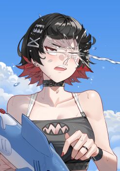 1girl absurdres black_choker black_hair black_tank_top blue_sky breasts choker cleavage commentary commentary_request ellen_joe english_commentary highres large_breasts mixed-language_commentary multicolored_hair nonh_(wormoftank) open_mouth razor_blade_hair_ornament red_hair short_hair sky solo splashing tank_top two-tone_hair zenless_zone_zero