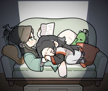 Rule 34 | 2boys, black hair, black hanfu, book, character doll, chibi, chibi only, chinese clothes, closed mouth, coat, couch, couple, cucumber, curtained hair, doll, green eyes, green hanfu, half updo, hanfu, hashtag-only commentary, head on pillow, highres, holding, holding book, holding hands, knees up, lap pillow, long hair, long sleeves, luo binghe, lying, lying on person, male focus, multiple boys, on back, on couch, on stomach, parted bangs, pillow, reading, renzha fanpai zijiu xitong, ribboned xiao guan, screen light, shen qingqiu, sleeping, television, very long hair, white coat, wide sleeves, wolf cut, yaoi, zorenbigmalo, zuiyin