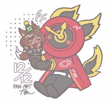 1girl 1other animal_ears belt black_gloves black_pants brown_hair chibi coat commentary_request dante_(limbus_company) dated fiery_ears fiery_tail fire fox_ears fox_tail gloves limbus_company necktie outis_(project_moon) pants project_moon red_coat red_necktie short_hair simple_background tail tama_launcher white_background white_belt