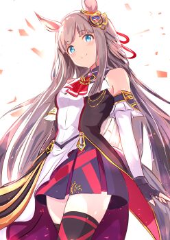 1girl absurdres animal_ears bare_shoulders black_gloves black_skirt black_thighhighs blue_eyes blush chrono_genesis_(prismatic_curator)_(umamusume) chrono_genesis_(umamusume) closed_mouth commentary_request fingerless_gloves gloves grey_hair highres horse_ears horse_girl kanon_(user_rrhr4244) long_hair looking_at_viewer simple_background skirt smile solo standing thighhighs umamusume white_background zettai_ryouiki