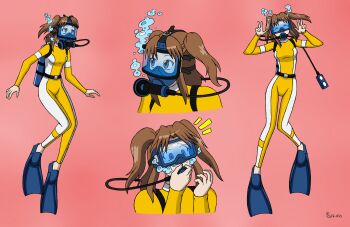 1girl absurdres alternate_costume bodysuit brown_eyes brown_hair diving_suit flippers highres long_hair long_sleeves mask oxygen_tank red_eyes scuba short_hair the-sakura-samurai tsukihime twintails two_side_up underwater wetsuit yellow_wetsuit yumizuka_satsuki