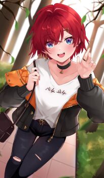 1girl absurdres ange_katrina ange_katrina_(5th_costume) baby_mn9 bag belt black_choker black_jacket blue_eyes blue_pants blurry blush brown_bag brown_belt choker collarbone commentary_request crossed_bangs day denim depth_of_field dutch_angle earrings eyelashes falling_leaves feet_out_of_frame gold_earrings gold_ring hair_intakes hair_ornament hands_up head_tilt highres holding_strap jacket jeans jewelry leaf leaning_forward long_bangs long_sleeves looking_at_viewer nijisanji off_shoulder open_clothes open_jacket open_mouth orange_jacket outdoors pants path pendant_choker quilted_jacket red_hair ring road shirt shirt_tucked_in short_hair shoulder_bag single_earring smile solo standing straight-on teeth thigh_gap tight_clothes tight_pants torn_clothes torn_jeans torn_pants tree triangle_earrings triangle_hair_ornament two-sided_fabric two-sided_jacket upper_teeth_only virtual_youtuber white_shirt