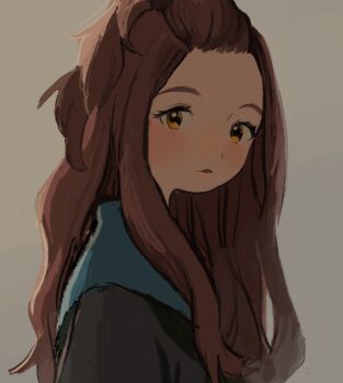 Rule 34 | 1girl, bangs pinned back, black shirt, blue sailor collar, blush, brown hair, freckles, from side, grey background, hibike! euphonium, highres, kenzaki ririka, ketsuro, liz to aoi tori, long hair, looking at viewer, looking to the side, orange eyes, parted lips, sailor collar, school uniform, shirt, sidelighting, simple background, solo, upper body