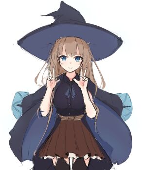 absurdres black_hat blue_eyes brown_hair double_v elise hat highres non-web_source original robe shionoko skirt thighhighs v witch witch_hat