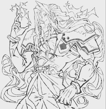 1boy armor bangle bracelet chest_strap closed_mouth cowboy_shot final_fantasy final_fantasy_vii gloves greyscale hand_up jaysoysaucee jewelry light_blush long_hair long_sleeves male_focus monochrome parted_bangs pauldrons sephiroth shoulder_armor sketch smile solo upper_body