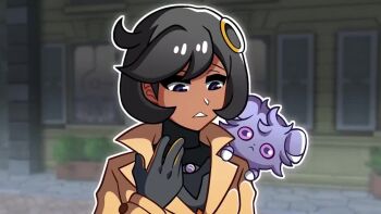1girl :3 animated black_hair bodysuit building dark-skinned_female dark_skin emma_(pokemon) espurr eyes_closed gen_6_pokemon gloves jacket long_sleeves nintendo pokemon pokemon_legends:_z-a senchodoodle short_hair tagme teeth video