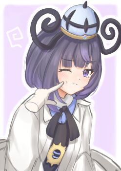 1girl 1other ;( absurdres belt belt_buckle black_dress blush bob_cut buckle cheek_poking coat dress gwynn_(pokemon) hat highres long_sleeves looking_at_viewer mega_stone nintendo o-ring o-ring_belt one_eye_closed open_clothes open_coat pokemon pokemon_legends:_z-a poking purple_background purple_eyes purple_hair short_hair sssaaiissaa white_coat