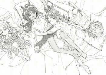 4girls animal_ears ass bandaid bandaid_on_leg bed_sheet cuddling dark-skinned_female dark_skin feathered_wings flat_ass floppy_ears fox_ears fox_girl fox_tail from_above greyscale highres horns itou_hachi long_hair lying majo_to_tsukaima monochrome multiple_girls navel on_back on_stomach pillow rabbit_ears rabbit_girl sheep_horns short_hair shorts sleeping tail wings