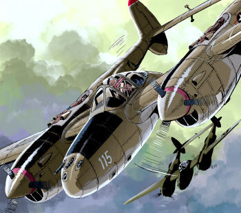 1boy aircraft airplane browning_m2 cloud cloudy_sky flight_suit flying gun heavy_machine_gun helmet machine_gun male_focus matsuda_juukou military_vehicle original outdoors p-38_lightning pilot pilot_helmet propeller propeller_fighter roundel sky vehicle_focus weapon world_war_ii