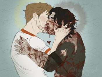 Rule 34 | 2boys, black hair, blonde hair, blood, blood drip, blood on clothes, blood on face, blood splatter, closed eyes, commentary, crossover, english commentary, genre connection, hand on another's head, hand on another's shoulder, headband, heart, highres, iron lung (movie), kiss, male focus, multiple boys, project hail mary, round eyewear, ryland grace, shirt, short hair, simon (iron lung), torn clothes, torn shirt, variant set, wavy hair, yoogeurt