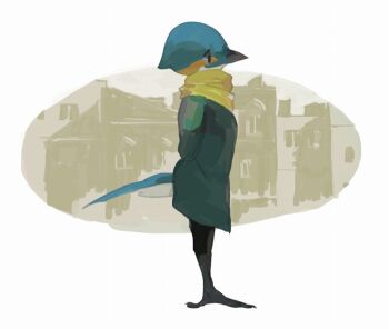 1girl animal_feet arms_behind_back bird_girl blue_feathers building claws coat commentary_request feathers full_body furry furry_female green_coat grey_eyes looking_to_the_side nagabe original scarf solo standing tail yellow_background yellow_scarf
