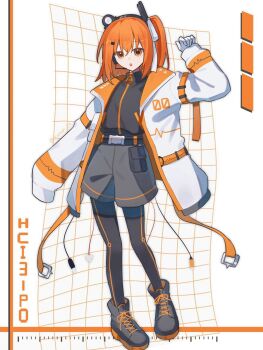 1girl :o a.i._voice adachi_rei belt black_belt black_leggings cable full_body gloves grey_shorts hand_up headlamp headset highres jacket kasupi_04 leggings lens_eye long_sleeves medium_hair number_print open_clothes open_jacket orange_eyes orange_hair radio_antenna shoes shorts simple_background sleeves_past_fingers sleeves_past_wrists sneakers solo sound_wave standing turtleneck utau white_gloves white_jacket