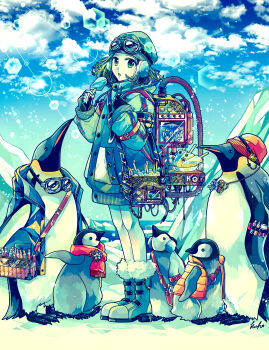 1girl absurdres backpack bag beanie bird blue_sky boots cloud coat commentary_request crystal day earmuffs fingerless_gloves food full_body fur-trimmed_boots fur_trim gears glacier gloves goggles goggles_on_head green_eyes hat highres holding holding_food holding_popsicle ice iceberg jacket kuh_tapiru lens_flare long_sleeves looking_at_viewer machine machinery medium_hair ocean original outdoors parted_lips penguin popsicle signature sky solo standing test_tube water