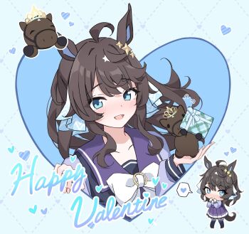 Rule 34 | 1girl, ahoge, animal ears, blue eyes, blush, bow, bowtie, box, breasts, brown hair, chibi, collarbone, commentary request, creature and personification, daring tact (racehorse), daring tact (umamusume), gift, gift box, hair between eyes, hair ornament, happy valentine, heart, highres, holding, holding box, horse, horse ears, horse girl, horse tail, kashmir 0808, long hair, looking at viewer, open mouth, personification, pleated skirt, purple sailor collar, purple serafuku, purple shirt, purple skirt, purple thighhighs, sailor collar, sailor shirt, school uniform, serafuku, shirt, skirt, smile, spoken heart, star (symbol), star hair ornament, tail, thighhighs, tiara, tracen school uniform, umamusume, white bow, white bowtie
