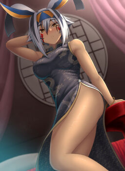 1girl animal_ears antenna_hair bare_shoulders black_dress black_hair blush breasts china_dress chinese_clothes chuppa_(katotsuba) colored_inner_hair commentary_request dark-skinned_female dark_skin dragon_print dress facepaint facial_mark fate/grand_order fate_(series) hairband jackal_ears looking_at_viewer medium_breasts multicolored_hair nitocris_(fate) nitocris_alter_(fate) pelvic_curtain short_hair side_slit sidelocks solo streaked_hair thighs white_hair yellow_eyes