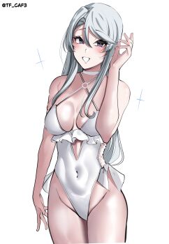 1girl absurdres alternate_breast_size_(larger) blush breasts choker covered_navel cowboy_shot criss-cross_halter cropped_legs frilled_one-piece_swimsuit frills grey_hair hair_between_eyes halterneck hand_up hashtag-only_commentary highleg highleg_one-piece_swimsuit highres kantai_collection long_hair long_sidelocks medium_breasts o-ring o-ring_swimsuit one-hour_drawing_challenge one-piece_swimsuit open_mouth purple_eyes sagiri_(kancolle) sagiri_(swimsuit)_(kancolle) sidelocks simple_background solo sparkle standing swimsuit tf_cafe triangle_mouth twitter_username very_long_hair white_background white_choker white_one-piece_swimsuit