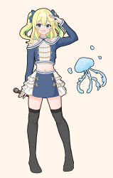 Rule 34 | 1girl, black thighhighs, blonde hair, blue bow, blue eyes, blue shirt, bow, brown background, clothing cutout, collarbone, commentary, full body, green hair, hair between eyes, hair bow, hand up, highres, holding, holding microphone, idol, idol clothes, jellyfish, long hair, long sleeves, looking at viewer, maissiri, microphone, midriff, multicolored hair, navel, no shoes, open mouth, shirt, shoulder cutout, simple background, solo, streaked hair, thighhighs, two side up, variant set, yamanouchi kano, yoru no kurage wa oyogenai, zettai ryouiki