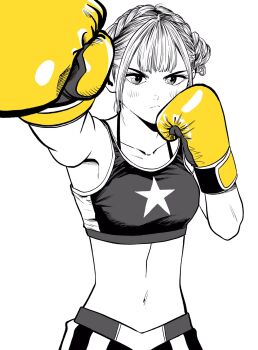 1girl boxing boxing_gloves braid breasts commentary_request crown_braid fighting_stance foreshortening frown gloves greyscale highres lee_(dragon_garou) light_blush medium_breasts midriff monochrome navel original pov punching shorts solo sports_bra spot_color star_(symbol) star_print striped_clothes striped_shorts upper_body yellow_gloves