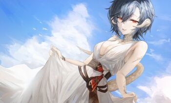 1girl absurdres au_ra bare_shoulders blue_hair breasts cleavage commentary dragon_girl dragon_horns dragon_tail dress final_fantasy final_fantasy_xiv hachi0047 highres horns looking_at_viewer medium_breasts red_eyes scales short_hair skirt_hold sky sleeveless sleeveless_dress solo tail white_dress