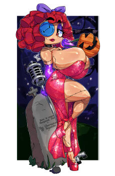 breasts button_eye choker cocktail_dress cosplay dress glitch_productions halloween high_heels highres hornymask12 huge_breasts jessica_rabbit_(cosplay) lipstick makeup microphone platform_heels ragatha_(the_amazing_digital_circus) red_dress stitches the_amazing_digital_circus thick_thighs thighs who_framed_roger_rabbit