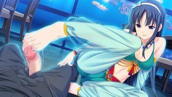 10s 1boy 1girl arabian_clothes barefoot black_hair censored feet footjob fukami_nagisa game_cg hetero highres koutaro long_hair mosaic_censoring penis protagonist_(tropical_vacation) tropical_kiss tropical_vacation twinkle_(company)