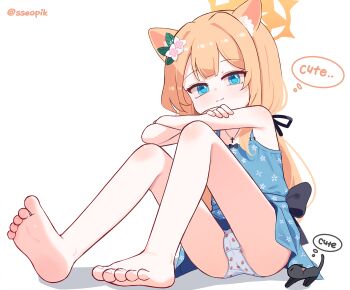 1girl alternate_costume animal animal_ear_fluff animal_ears arm_on_knee armpits artist_name baby_animal barefoot black_bow black_cat black_ribbon blue_archive blue_dress blue_eyes blunt_ends bow cat center-flap_bangs closed_mouth commentary_request cross cross_necklace crossed_arms crotch_seam double-parted_bangs dress dress_bow english_text feet floral_print floral_print_dress flower food_print fruit_print full_body hair_flower hair_ornament hair_ribbon halo jewelry kitten knees_up loli looking_at_viewer mari_(blue_archive) multicolored_flower necklace orange_hair orange_halo panties print_dress print_panties ribbon short_dress simple_background sitting sleeveless sleeveless_dress smile soles solo speech_bubble split_mouth sseopik strawberry_panties strawberry_print thought_bubble toenails toes underwear upskirt variant_set white_background white_panties