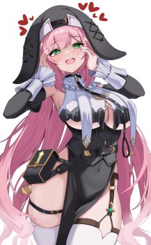 1girl absurdres arms_up belt belt_pouch black_belt black_dress black_veil blush breast_curtains breasts cleavage commentary covered_navel criss-cross_straps detached_sleeves dress frilled_sleeves frills garter_straps gem gerie_(stella_sora) green_eyes green_gem hands_on_own_face heart heart-shaped_pupils highres large_breasts leash long_hair long_sleeves looking_at_viewer nannanana3939 nun open_mouth pelvic_curtain pink_hair pouch sidelocks simple_background single_garter_strap sleeve_cuffs solo stella_sora symbol-shaped_pupils thigh_strap thighhighs thighs two-tone_dress underboob veil very_long_hair white_background white_dress white_thighhighs