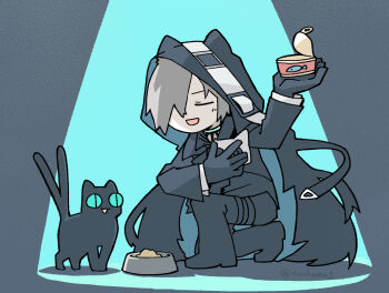 Rule 34 | 1boy, 1girl, arknights, black background, black cat, black cloak, black gloves, black jacket, black pants, blue background, blue eyes, brown hair, cat, chibi, miss christine (arknights), cloak, closed eyes, commentary, full body, gloves, hair over one eye, highres, holding, holding mask, hood, hooded cloak, infection monitor (arknights), jacket, kneeling, konno akikaze, long sleeves, mask, multiple tails, open mouth, pants, pet food, phantom (arknights), plate, shadow, simple background, smile, spotlight, tail, tin (container), twitter username, two tails, | |