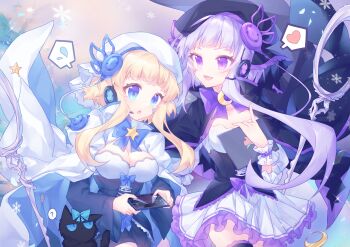 2girls :d :o absurdres arcaea black_cat black_hat black_shorts blonde_hair blue_bow blue_bowtie blue_corset blue_eyes bow bowtie breasts cat cleavage cleavage_cutout clothing_cutout commission corset cowboy_shot dress eto_(arcaea) facial_mark fang frilled_dress frills hat highres holding holding_tablet_pc large_breasts long_sleeves luna_(arcaea) mark_under_eye multiple_girls open_mouth parted_lips pleated_dress purple_bow purple_bowtie purple_eyes purple_hair shenju_bing_hui shirt short_hair_with_long_locks shorts skin_fang smile snowflakes speech_bubble spoken_sweatdrop star_(symbol) star_facial_mark sweatdrop tablet_pc white_dress white_hat white_shirt white_wrist_cuffs wrist_cuffs